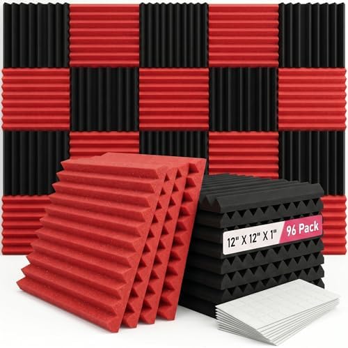 96 Pack Allxinlog Absorb the Echo Acoustic Foam Panel Wedge Studio Soundproofing Wall Tiles 12" X 12" X 1" (Accompanied By Double-Sided Adhesive Tape)(48RED+48BLACK)