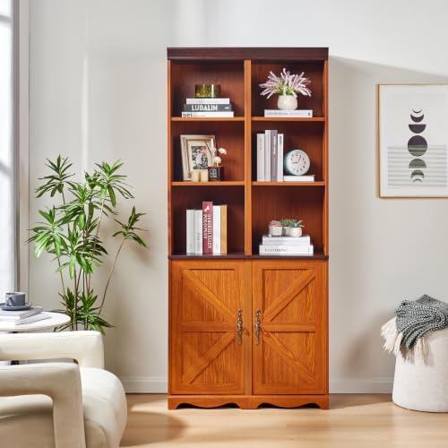KEIKI Farmhouse Freestanding Bookcase, Modular Storage Cabinet, Dark Oak