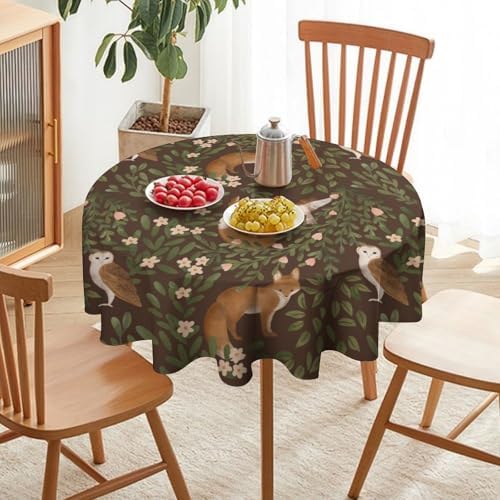 Woodland Animals Tablecloth, Rustic Forest Fox Owl Bird Green Plants Leaves Print Table Cover for Farmhouse Kitchen Dinning Indoor Outdoor Party Decor, 50x50in