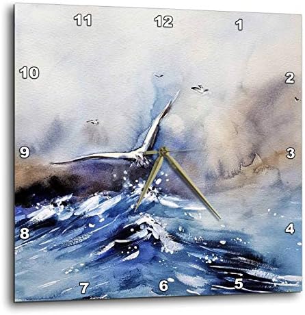 3dRose Wall Clock Silent - 10 inch - Image of Ocean Watercolor with Flying Seagull - Lens Art by Florene - Watercolor Art