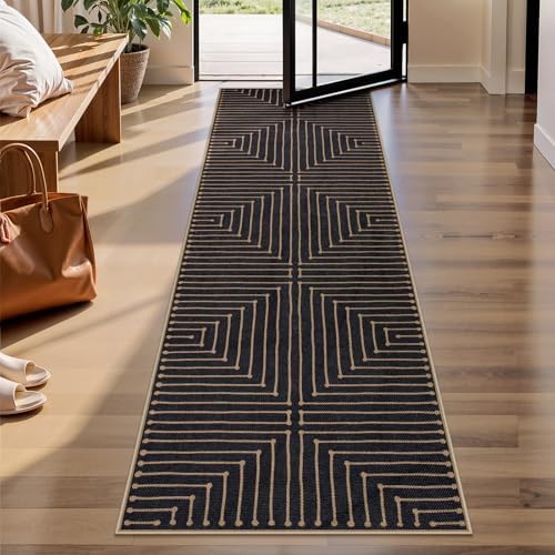 Lahome Black 2x8 Kitchen Runner, Modern Geometric Runner Rug Non Slip