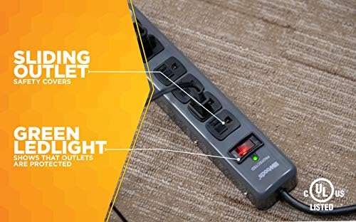 Southwire Woods Metal Surge Protector - 6 Outlets - Lighted Circuit Breaker Switch - 900J Electrical Overload Protection - 3 Foot Cord - Dark Gray
