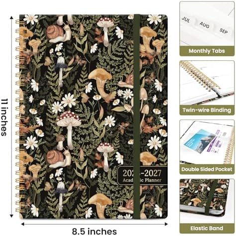 Planner 2026-2027, Jul 2026-Jun 2027 Academic Monthly & Weekly Planner | 8.5" x 11" Hardcover Pretty Calendar Planner for Women, Spiral Organizer for School Office Home Supplies, Mushroom