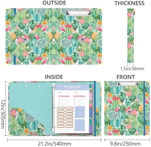 3 Ring Binder, 1 Inches Round Ring Binder with Clipboard, Dividers Tabs, PVC Zipper Bag Sleeves & to Do List Planners, Decorative Binder for School, Office Supplies-Cactus Flowers