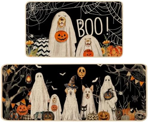 Baccessor Halloween Kitchen Rugs Set of 2, Ghost Boo Dog Pumpkin Spider Web Kitchen Mats for Floor Washable Low-Profile Farmhouse Spooky Holiday Home Indoor Outdoor Decor 17x29 and 17x47 Inch