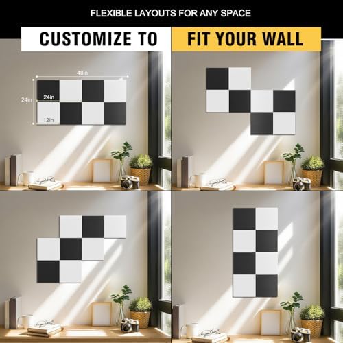 TSJOFFICE Large Cork Board for Wall - 48" x 24" Bulletin Board with 30 Pushpins for Office Decor, Pin Board 8 Pack Felt Tiles with Safe Removable Adhesive Tabs, Corkboard for Home - Black & White