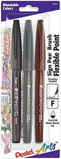 Pentel Arts Sign Pen Touch, Fude Brush Tip, Black/Grey/Sepia Pack of 3 (SES15PABP3M)