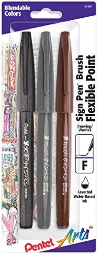 Pentel Arts Sign Pen Touch, Fude Brush Tip, Black/Grey/Sepia Pack of 3 (SES15PABP3M)