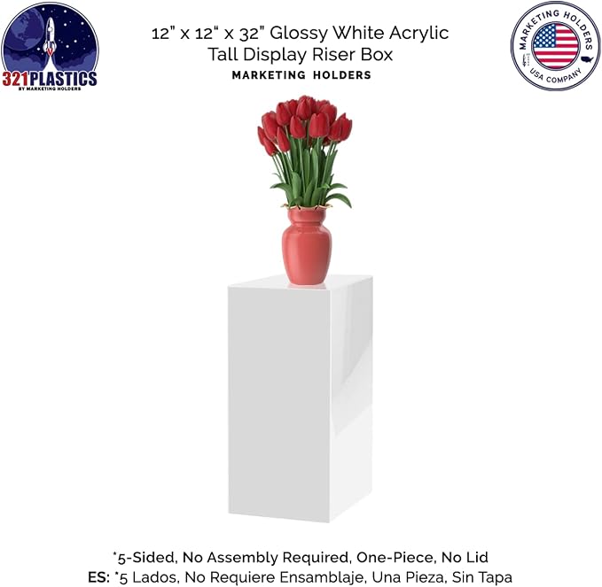 Marketing Holders 4 Pack 12" x 12" x 32" Tall Box Pedestal Stand Glossy White 5 Sided Lucite Flower Tower Column or Product and Merchandise Platform