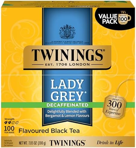 Twinings Decaffeinated Lady Grey Black Tea Individually Wrapped Bags, 100 Count (Pack of 1), Orange Peel & Lemon Peel, Fresh and Uplifting, Caffeinated, Enjoy Hot or Iced, 100 Teabags