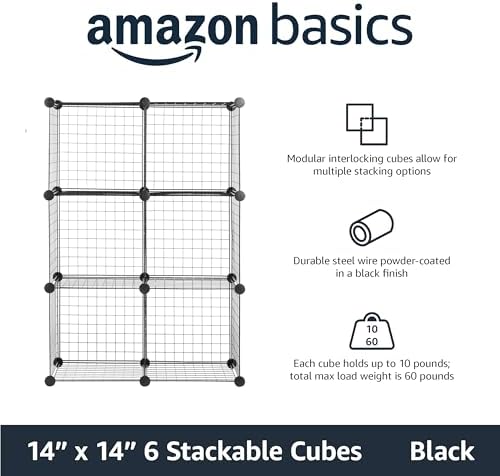 Amazon Basics 6 Cube Wire Grid Storage Organizer, Stackable Cubes, Cubby Bookcase, Display Shelf, 14" D x 14" W x 14" H, Black
