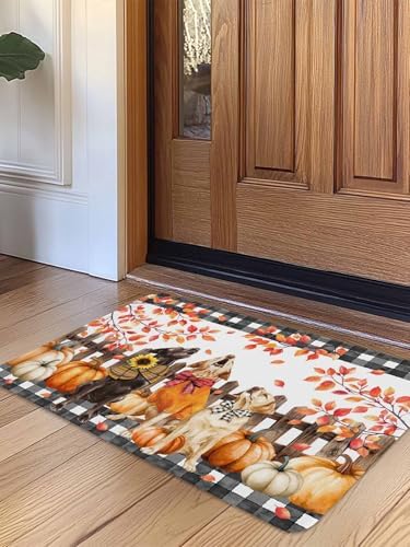Fall Door Mat Orange Pumpkin Dog Doormat Bow Puppy Maple Leaves Fence Plaid Harvest Thanksgiving Welcome Mat Non Slip Entryway Front Rug Floor Mat for Indoor Outdoor Kitchen Autumn Holiday Decor 16x24