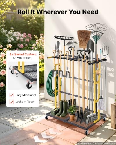 VEVOR Garden Tool Organizer with Wheels, Large Metal Garage Storage Rack