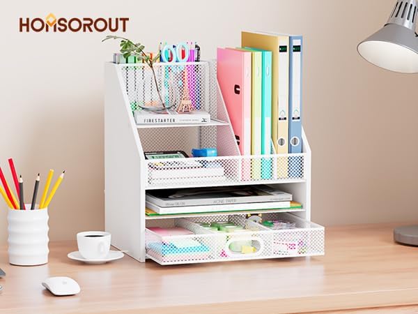 Wooden Desk Organizer - Mesh File Organizer with Drawers and Pen Holder - 4-Tier Vertical Paper Letter Storage Tray, Desktop Organizers and Accessories for Home Office （White