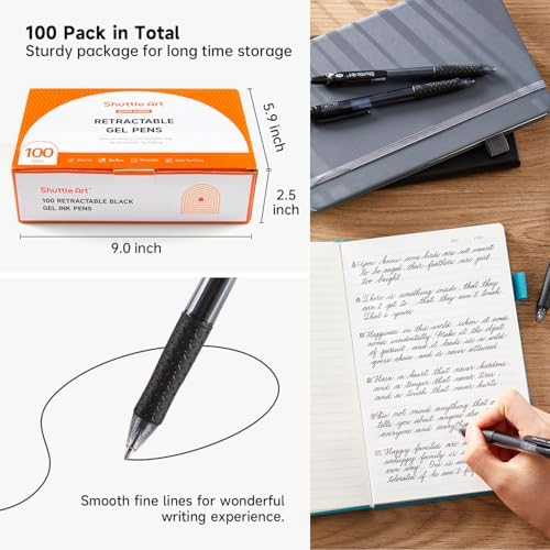 Shuttle Art School & Work Supplies Bundle, 100 Pack Black Retractable Gel Pens + 60 Pack Black Retractable Gel Pen Refills 0.7mm Fine Point for Writing Journaling Taking Notes School Office Home