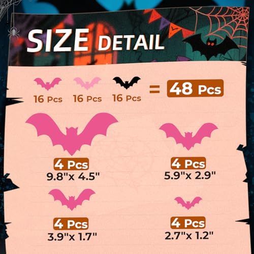 CLEANGOR 48Pcs Pink Bat Halloween Decor, Halloween Party Supplies Stickers