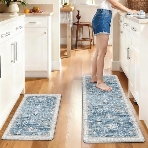 Boho Cushioned Anti Fatigue Mats for Kitchen Floor,Modern Farmhouse Blue Floral Non-Slip Water Resistant Runner Comfort Foam Standing Rugs Non Skid for Home Sink,Office,Laundry 17"x47"+17"x30"