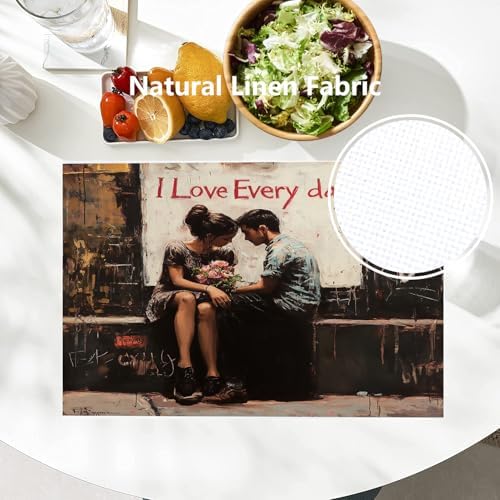 Batmerry Couple Love Linen Placemats Set of 4, Two People Sitting Close Love Message in The Washable Table Mats for Kitchen Table Thickened Heat Insulation Dining Set Indoor Outdoor 12X18 in