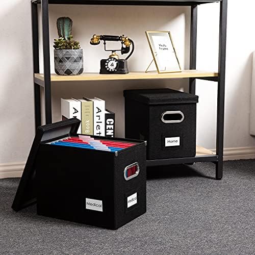 PRANDOM File Organizer Box - Set of 2 Collapsible Decorative Linen Filing Storage Hanging File Folders with Lids Office Cabinet Letter Size Black (14x9.3x10.8 inch)
