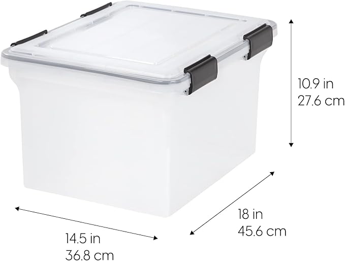IRIS USA WeatherPro File Box Organizer, Letter/Legal, 32 Qt. 4-Pack, Clear | Organize important documents with water-resistant protection, secure latches, and stackable design for home or office storage