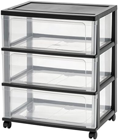 IRIS USA 3-Drawer Wide Storage Cart with Wheels, Organizer, Black