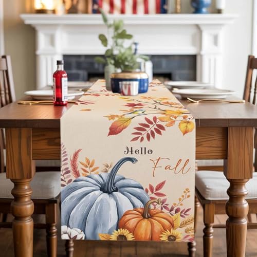 Fall Table Runner Hello Fall Pumpkin Table Runners Harvest Thanksgiving Maple Leaves Sunflower Bird Cotton Linen Dresser Scarf Kitchen Dining Table Decor for Autumn Holiday Party Coffee 13x72 Inch