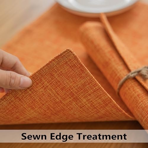 Demetex Orange Fall Placemats Set of 8 Linen Textured Fabric Place Mats Rectangle Cloth Table Mats for Home Office Table Decor, 13x19 inch, Orange