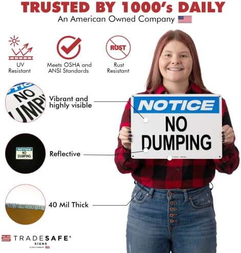 TRADESAFE No Dumping Signs, Quick Install Aluminum Safety Sign, Light Reflective, UV-Resistant, Waterproof Signs for Business, 14” X 10” No Dumping Sign