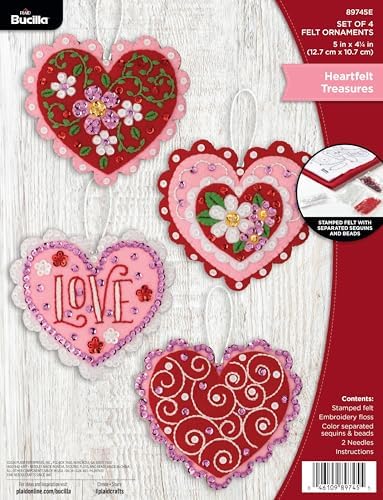 Bucilla Felt Applique 4 Piece Ornament Making Kit, Heartfelt Treasures, Perfect for DIY Arts and Crafts, 89745E