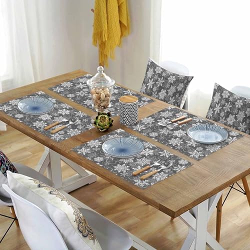 Christmas Placemat 1PC, Grey White Snowflakes Pattern Heat Resistant Washable Table Place Mats Winter Cotton Table Linens Party Holiday Decor for Kitchen Dining Outdoor Indoor