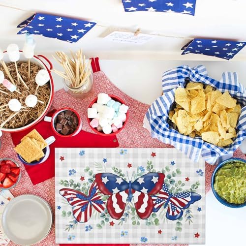 4th of July Placemats Set of 4, Patriotic Star Butterfly Heat Resistant Washable Dining Table Mats Summer Farmhouse Decor for Kitchen&Table Linens Outdoor Indoor, Eucalyptus Leaves Grey Buffalo Plaid