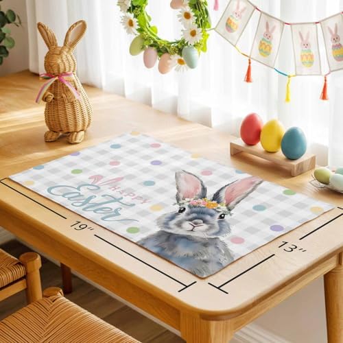 Easter Placemats Set of 6, Floral Bunny Place Mats Washable Dining Table Mats Spring Holiday Party Decor for Kitchen&Linens Outdoor Indoor, Polka Dots Grey Buffalo Plaid