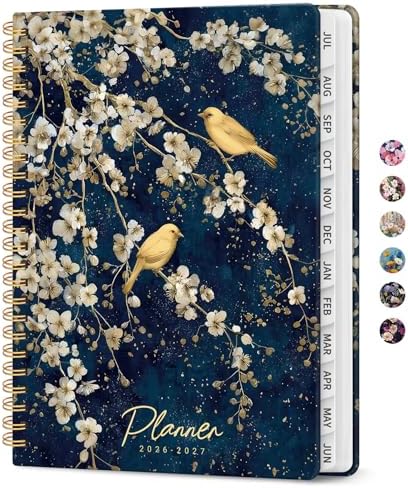 Planner 2026-2027, Monthly & Weekly Jul 2026-Jun 2027 Calendar Book | 6.3" x 8.5", Hardcover Spiral Planner with Tabs, School & Daily Pretty Agenda for Women, Students, Teachers, Spring Branches