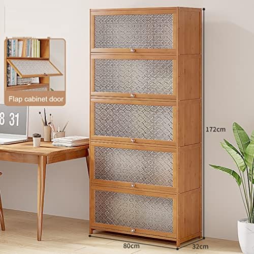 Bamboo Bookcase with flip-up Acrylic Doors, 1-5 Tier Free Standing Book Shelf Storage Organizer for Living Room Office Bedroom (Wood 80 * 32 * 172cm)