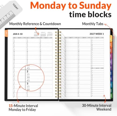 SUNEE 2027 Appointment Book, Quarter-Hourly, Weekly Monthly Planner, 6" x 8.3",Black