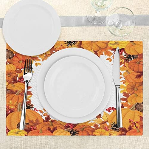Lunarable Thanksgiving Place Mats Set of 4, Cartoon Style Circular Frame with Orange Pumpkin and Dry Leaves, Washable Fabric Placemats for Dining Table, Standard Size, Dark Orange