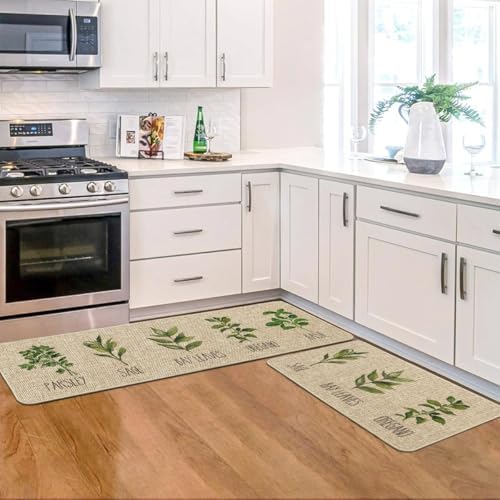 Artoid Mode Parsley Sage Oregano Basil Bay Leaves Kitchen Mats Set of 3, Seasonal Holiday Party Low-Profile Floor Mat for Home Kitchen - 17"x29"+17"x36"+17"x47"