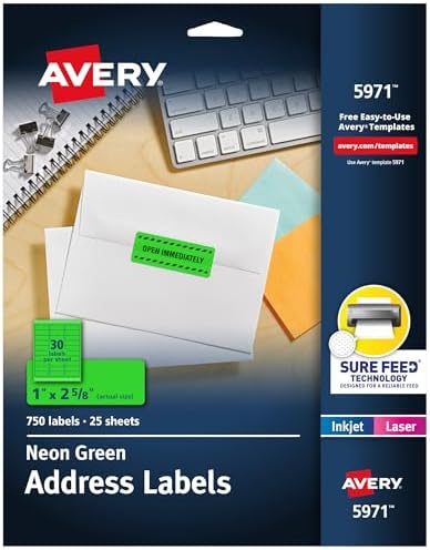 Avery Printable Address Labels with Sure Feed, 1" x 2-5/8", Neon Green, Laser & Inkjet Compatible, 750 Blank Labels per Pack, Great for Branding, Mailing, Organizing, and More (5-Pack of 5971)