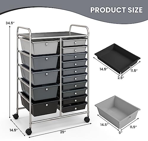 COSTWAY 15 Drawer Rolling Storage Cart, Mobile Utility Cart with Lockable Wheels, Drawers, Multipurpose Organizer Cart for Home, Office, School, Gradient Black