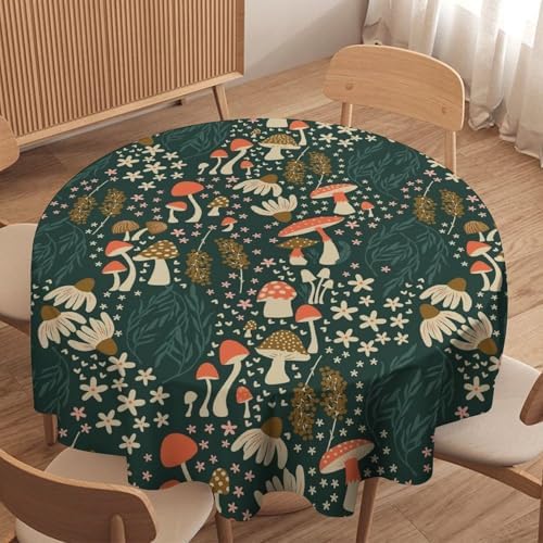 Mushroom Table Cloth, Vintage Woodland Summer Flowers Plants Forest Botanical Leaves Table Cover for Farmhouse Kitchen Dining Room Table Decor, 36x36in