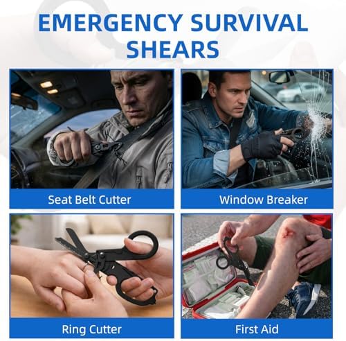 Heavy Duty 6 in 1 Multifunctional Trauma Shears Foldable | Stainless Steel Emergency Response Scissors | Survival Shears With Holster | Medical Trauma Shears Tactical With Strap Cutter | Matte Black