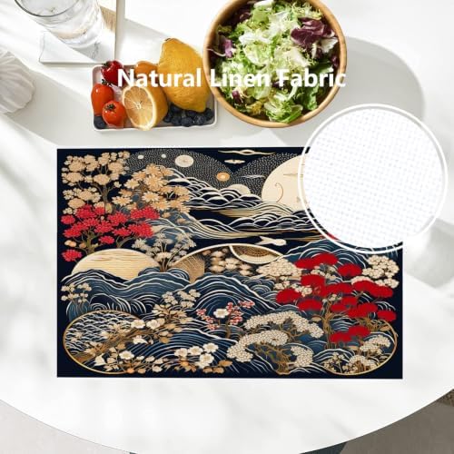 Batmerry Flowers Waves Placemats, Beautiful Nature Scene with Moon Washable Linen Table Mats for Kitchen Table Double Insulation Decor Dining Set Indoor Outdoor 12X18 in Set of 8