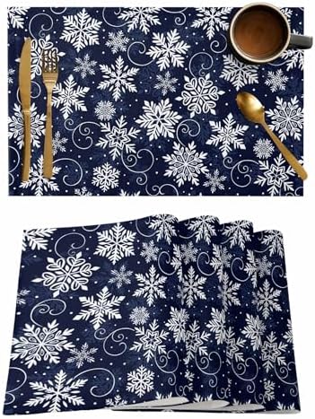 Christmas Placemats Set of 4, White Navy Snowflakes Pattern Heat Resistant Washable Table Place Mats Winter Cotton Table Linens Party Holiday Decor for Kitchen Dining Outdoor Indoor