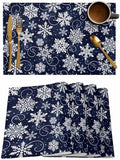Christmas Placemat 1PC, White Navy Snowflakes Pattern Heat Resistant Washable Table Place Mats Winter Cotton Table Linens Party Holiday Decor for Kitchen Dining Outdoor Indoor