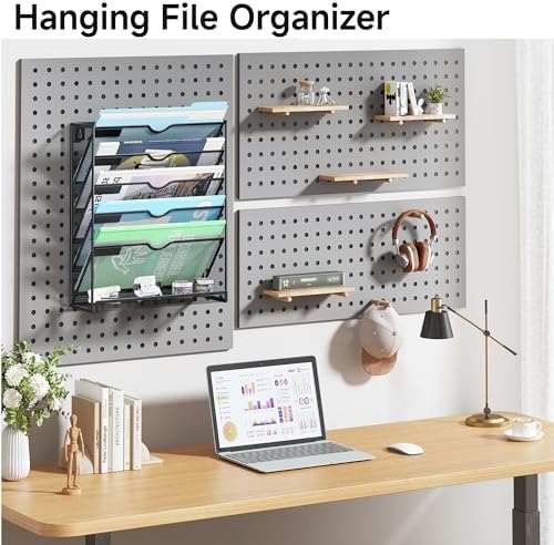 Lavatino 6-Tier Mesh Hanging Wall File Organizer with Hooks – No Installation Needed, Paper Mail Organizer Wall-Mounted File & Magazine folder Holder for Office and Home (Black)