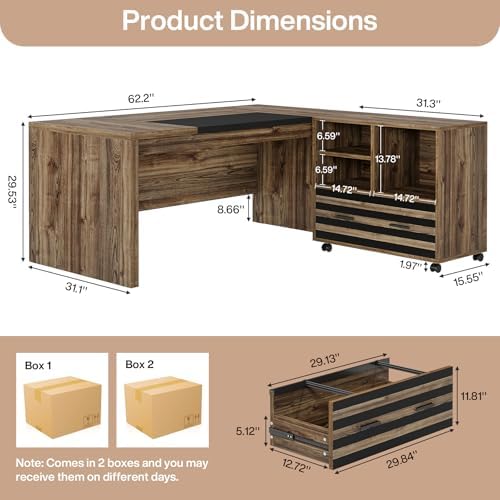 Tribesigns 62.2" L-Shaped Executive Desk with Mobile File Cabinet