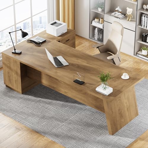 Tribesigns 78" L-Shaped Executive Desk, Large Modern Office Desk with Drawers and Lateral File Cabinet, Business Furniture with Storage Shelves, Big Computer Table for Home Office (Brown)