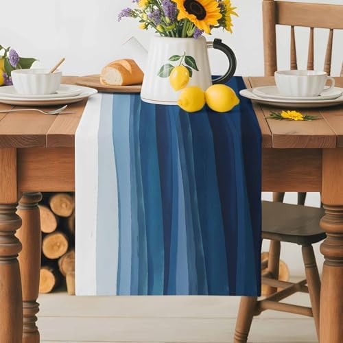 Blue White Ombre Table Runner Dresser Scarf 13 x 108 Inch Abstract Gradient Ocean Waves Modern Stripe Table Runners Non-Slip Heat Resistant Kitchen Dining Table Decor for Home Holidays Indoor Outdoor