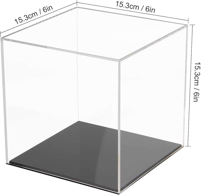 6x6x6Inch Fully Assembled Acrylic Display Case with Black Base | Clear Cube Dustproof Acrylic Display Box for Collectibles, Alternative Glass Case with Black Stand for Display Action Figure
