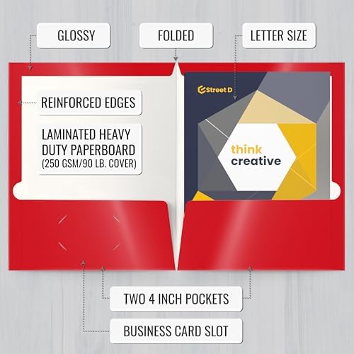 Better Office Products 2 Pocket Glossy Laminated RED Paper Folders, Letter Size, Paper Portfolios Box of 25 Red Folders